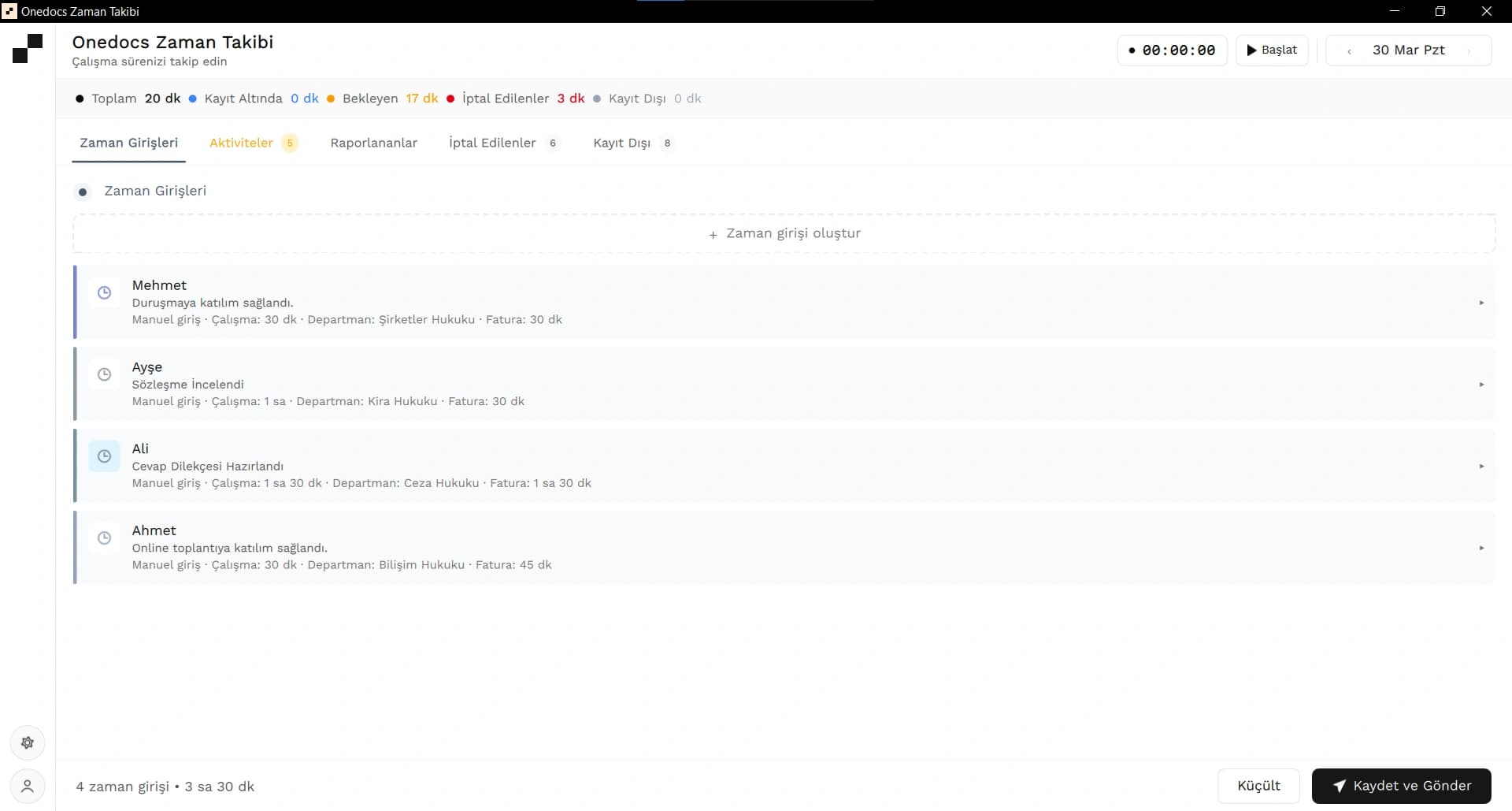 Onedocs Tracker - zaman girişleri ve faturalandırma arayüzü
