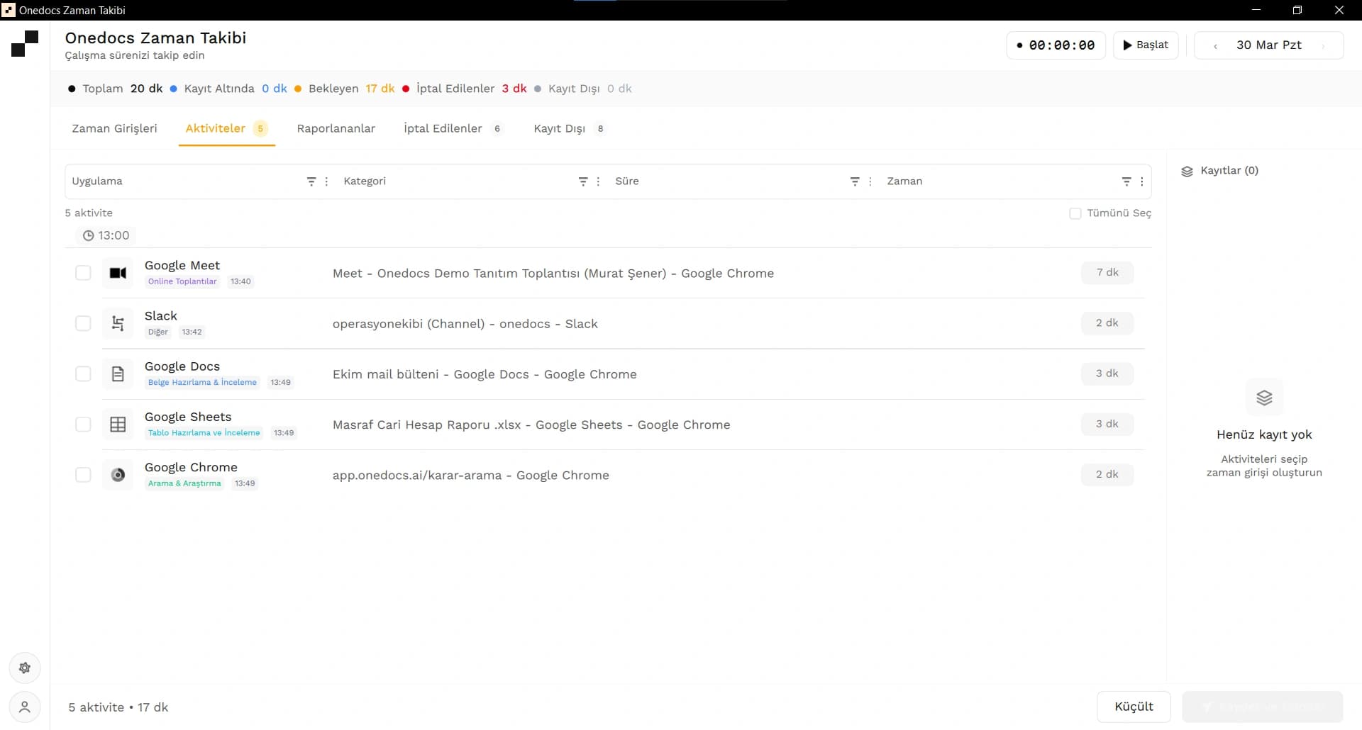 Onedocs Tracker - aktivite takibi ve otomatik kayıt arayüzü